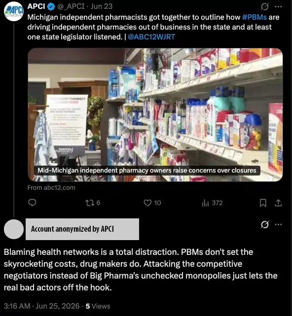 An anonymized social media reply about drug manufacturers and PBMs