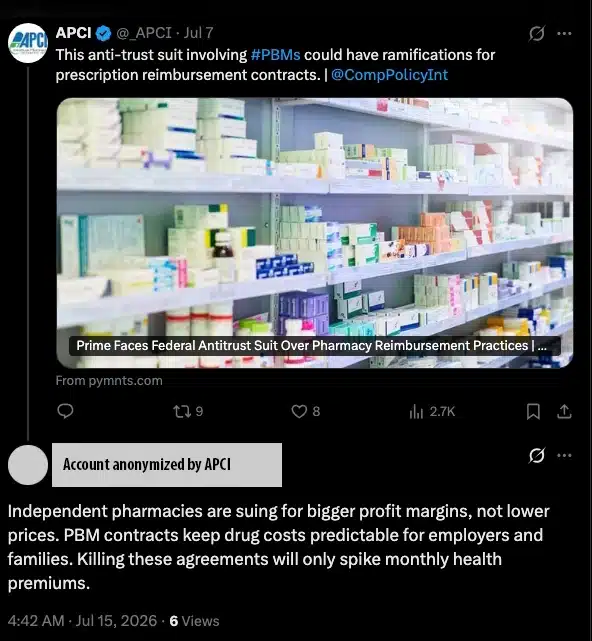 An anonymized social media reply about independent pharmacy margins and PBM reform